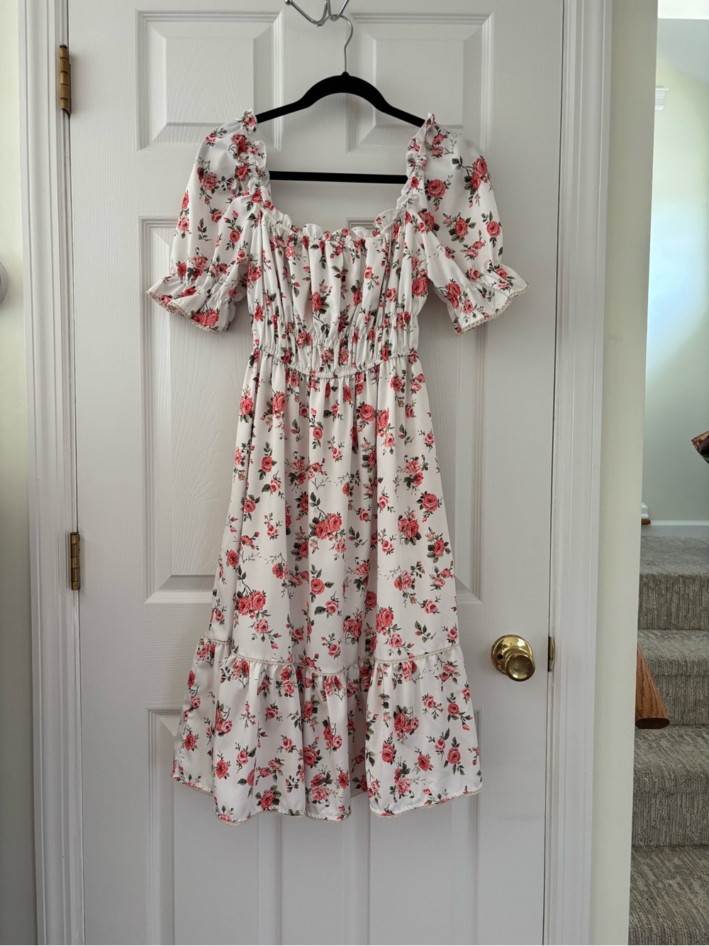 Cottagecore Floral Smocked Milkmaid Midi Dress Puff Sleeve Pink Rose Size Medium